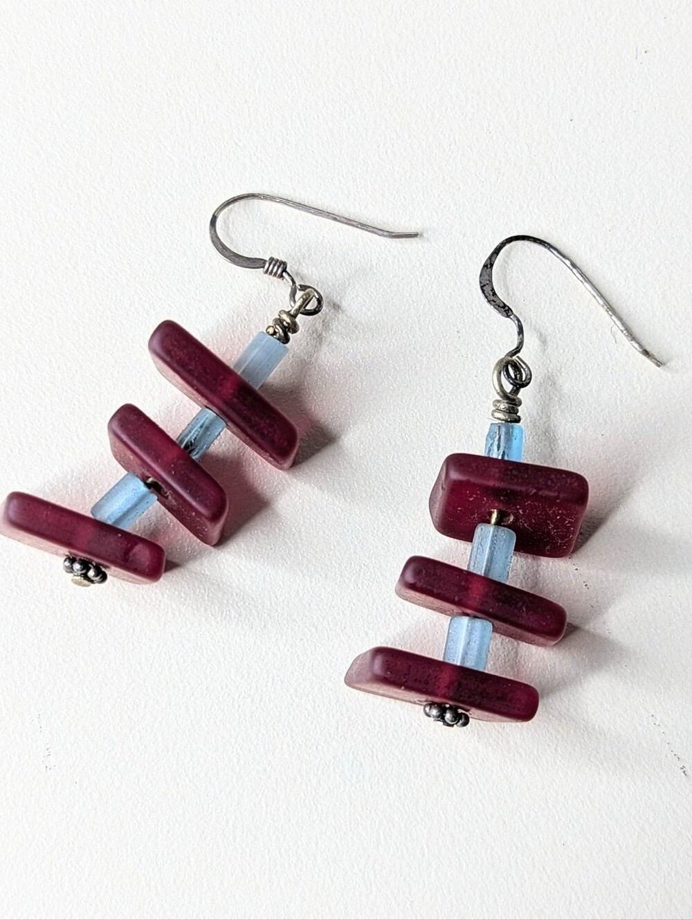 Artist Made Colored Glass Bead Drop Earrings Burgundy & Pale Aqua Wires